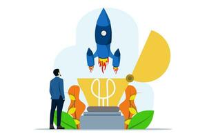 creativity concept for starting a business or breakthrough idea. A high-flying innovative rocket launch from a bright light bulb idea. entrepreneurship or startup, Innovation to launch new ideas. vector