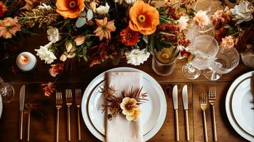 AI generated Autumn holiday tablescape, formal dinner table setting, table scape with elegant autumnal floral decor for wedding party and event decoration photo