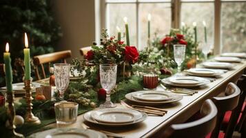 AI generated Holiday table decor, Christmas holidays celebration, tablescape and dinner table setting, English country decoration and home styling photo