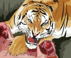 Fierce tiger roaring with its mouth open and trying to tear off meat vector