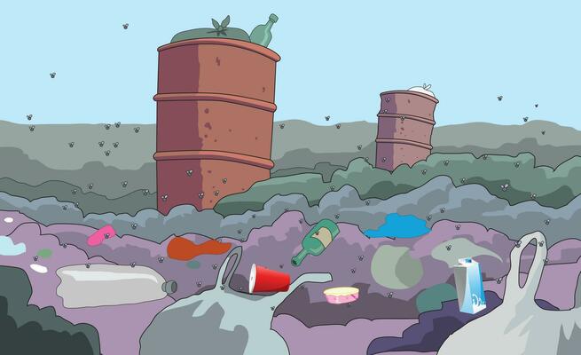 Unhygienic surroundings with lots of garbage and flies over them
