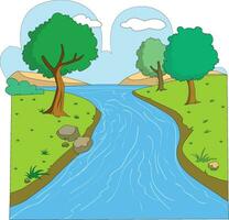 Vector illustration showing stream of river with trees on both sides and clouds in the background