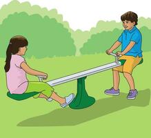 A boy and a girl playing happily on a see-saw vector