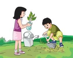 chico y niña plantando arboles vector