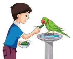 Cute boy feeding green chillies to parrot sitting on a fountain vector