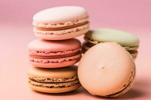 AI generated Macaroons on cream pastel background, chic cafe dessert, sweet food and holiday cake macaron for luxury confectionery, generative ai photo