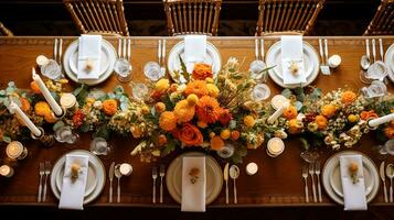 AI generated Autumn holiday tablescape, formal dinner table setting, table scape with elegant autumnal floral decor for wedding party and event decoration photo