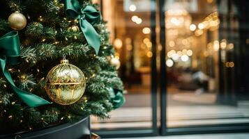 ai generado Navidad decoración detalles en Inglés estilizado lujo alto calle ciudad Tienda puerta o compras ventana mostrar, fiesta rebaja y tienda decoración foto