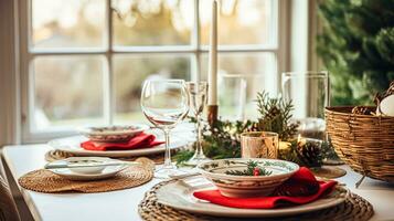 ai generado Navidad fiesta familia desayuno, mesa ajuste decoración y festivo paisaje de mesa, Inglés país y hogar peinado foto