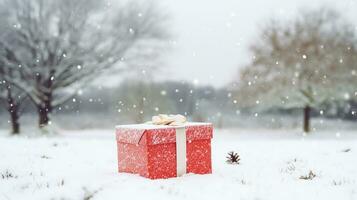 AI generated Christmas holiday gift and present, gift box in the snow in snowfall winter countryside nature for boxing day, holidays shopping sale photo