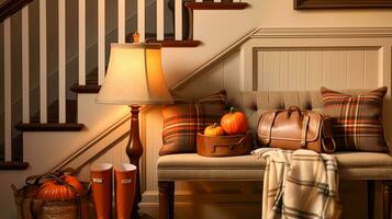 AI generated Autumnal hallway decor, interior design and house decoration, welcoming autumn entryway furniture, stairway and entrance hall home decor in an English country house and cottage style photo