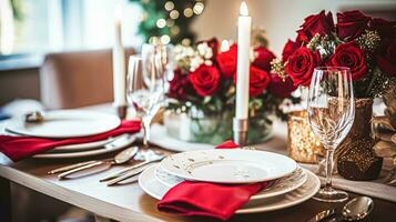 AI generated Festive date night tablescape idea, dinner table setting for two and Christmas, New Year, Valentines day decor, English country home styling photo