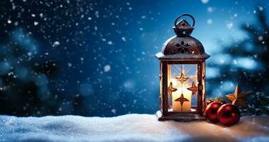 AI generated Vintage Christmas lantern on snow as magic night winter holiday background, Merry Christmas and Happy Holidays wishes, generative ai photo