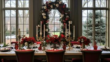 AI generated Christmas at the manor, holiday tablescape and dinner table setting, English countryside decoration and interior decor photo