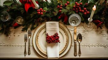 AI generated Christmas table decor, holiday tablescape and dinner table setting, formal event decoration for New Year, family celebration, English country and home styling photo