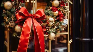 AI generated Christmas decoration details on English styled luxury high street city store door or shopping window display, holiday sale and shop decor photo