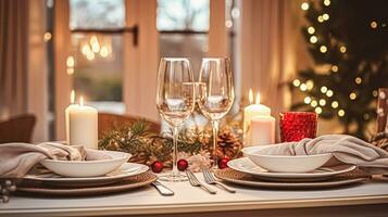 ai generado festivo fecha noche paisaje de mesa idea, cena mesa ajuste para dos y Navidad, nuevo año, san valentin día decoración, Inglés país hogar peinado foto