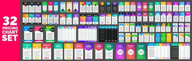 big 32 mega collection of UI UX mobile app pricing chart table Subscription design or website Pricing chart table design template. Product Plan Offer Price Package Subscription Comparison Chart bundle vector