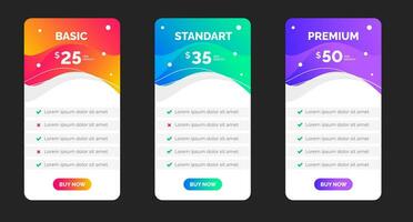 UI UX app pricing chart table Subscription design or website Pricing chart table design template. Product Plan Offer Price Package Subscription Options Comparison Table Chart Infographic Design. vector