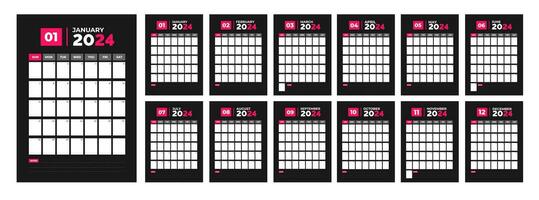 2024 dark color Calendar Desktop Planner Template. Corporate business wall or desk simple Planner dark calendar with week start Sunday. Calendar Planner Template with Place for Photo and Company Logo. vector
