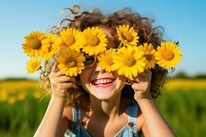 AI generated young girl covering eyes with sunflower photo