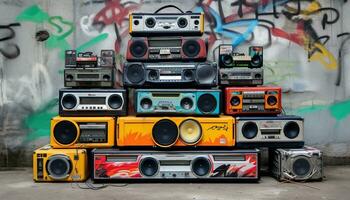 ai generado apilado boombox en frente de pintada pared foto