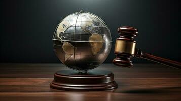 AI generated metal globe and wooden gavel on the table photo