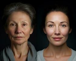 AI generated comparison portrait of woman before and after have wrinkle. Ageing problem and face skin change concept photo