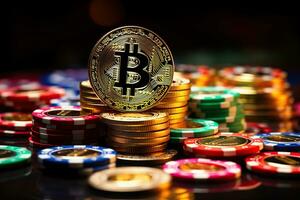 AI generated bitcoin with colorful gambling chips for crypto casino illustration photo