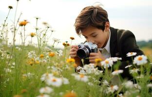 AI generated boy taking picture using camera in park photo