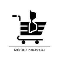 2D pixel perfect glyph style eyeglasses with shopping cart icon, isolated simple vector, silhouette illustration representing eye care. vector