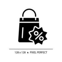 2D pixel perfect glyph style shopping percentage discount icon, isolated black vector, silhouette illustration representing discounts. vector