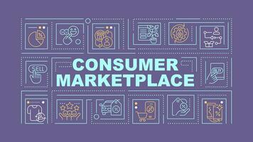 Consumer marketplace text with various thin linear icons concept on dark purple monochromatic background, customizable 2D vector illustration.