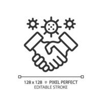 2D pixel perfect editable black handshake with virus icon, isolated vector, simple thin line illustration representing bacteria. vector