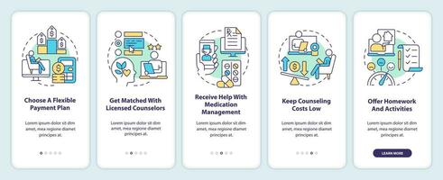 2D icons representing online therapy mobile app screen set. Walkthrough 5 steps multicolor graphic instructions with linear icons concept, UI, UX, GUI template. vector