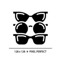 2D pixel perfect glyph style various eyeglasses icon, isolated simple vector, silhouette illustration representing eye care. vector