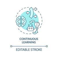 2D editable blue continuous learning icon, monochromatic isolated vector, thin line illustration representing cognitive computing. vector