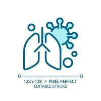 2D pixel perfect editable blue lung with virus icon, isolated monochromatic vector, thin line illustration representing bacteria. vector