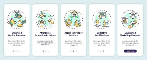 2D icons representing benefits of collective marketing in agri-food clusters mobile app screen set. Walkthrough 5 steps multicolor graphic instructions with line icons concept, UI, UX, GUI template. vector