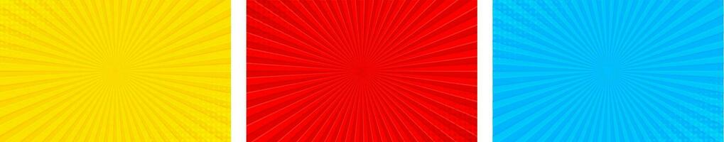 Sun light rays sun pop art Retro vintage style background with red, blue and yellow color. Comic book pop art strip radial backdrop halftone Abstract summer sunny Vintage radial background. vector