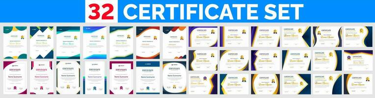 big mega set of 32 Collection diploma Certificate template for achievement graduation completion with luxury badge. landscape and portrait training graduation or course completion certificate set vector