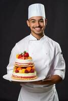 AI generated chef in white uniform hodling a plate of strawberry cake photo