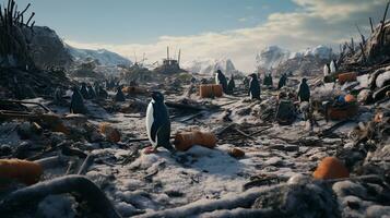 AI generated penguin standing on plastic waste for climate change illustration photo