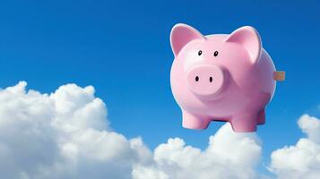 AI generated piggybank flying in blue sky photo