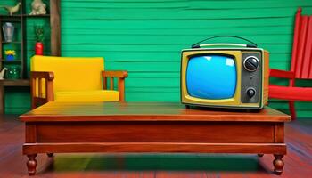 AI generated retro television on table in 1960 living room photo