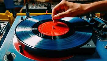 AI generated hand putting vinyl record on turntable photo