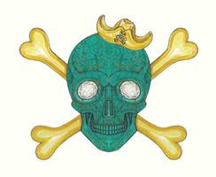 Skull and crossbones set with turquoise and gold design by hand watercolor painting on paper. vector