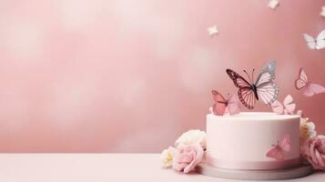 AI generated White Frosted Cake with Pink Butterflies, Ideal for Special Occasions, Against a Soft Pink Backdrop. Banner with copy space. photo