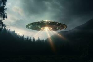 AI generated UFO with radiant lights hovering over forest under night sky. Futuristic alien spaceship. Copy space. Ideal for projects exploring extraterrestrial themes, science fiction, and unknown photo