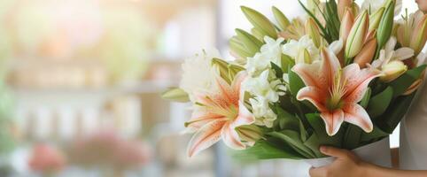 ai generado persona participación un hermosa ramo de flores de Fresco lirios flores, en borroso antecedentes. florista hacer un ramo. bandera con Copiar espacio. adecuado para saludo, tarjeta postal, especial ocasiones foto